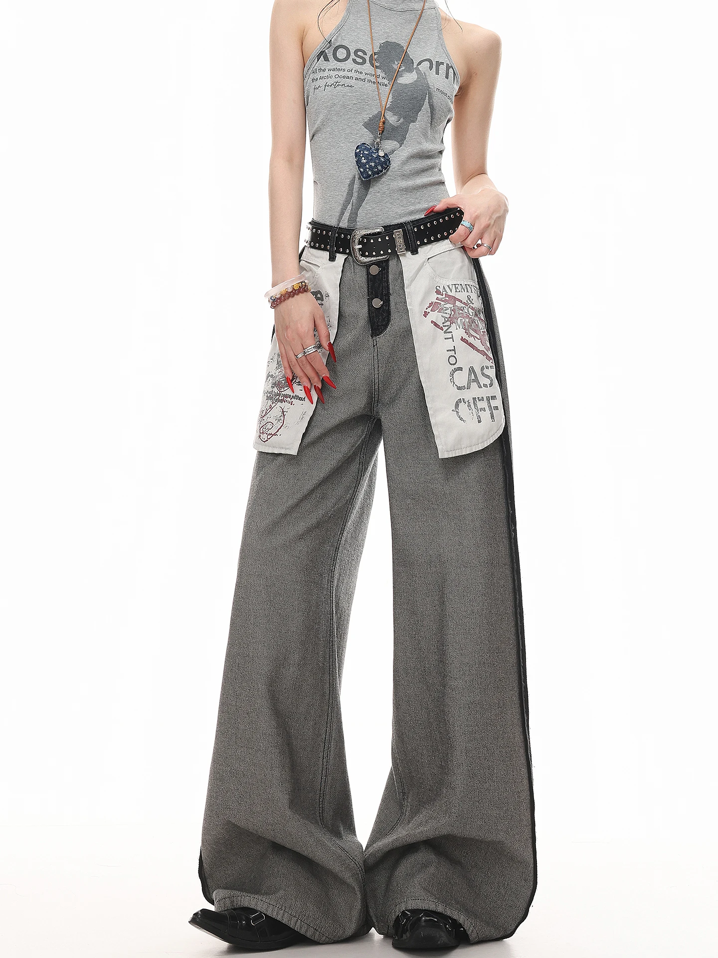 

KEN STUDIO Vintage Washed Wide Leg Jeans Women High Street Loose Floor-Length Pants Trousers for Ladies Deep Color