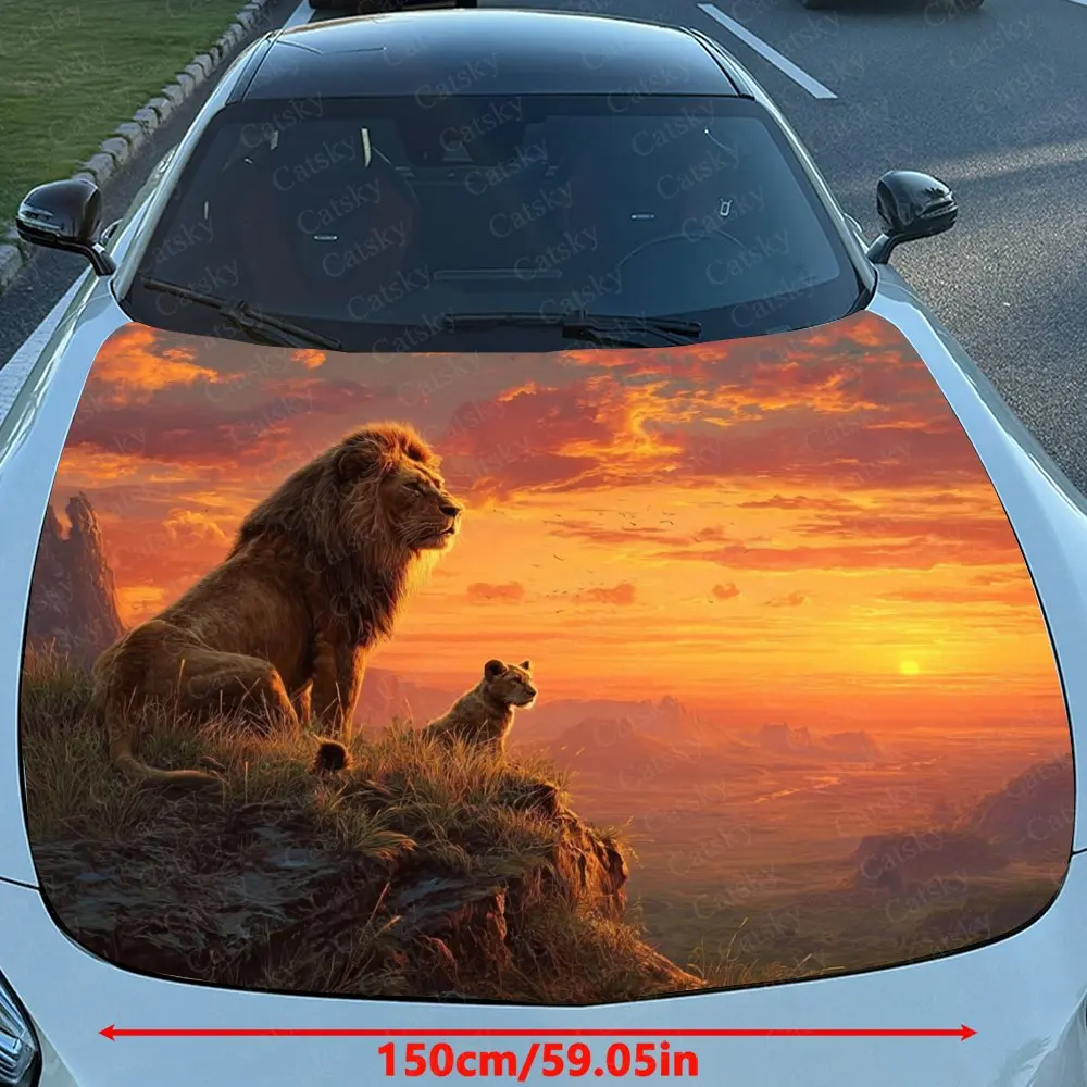 Lion King And Cubs Car Hood Sticker, Splash Proof PVC, Easy To Disassemble, Waterproof And Scratch Resistant, Self-adhesive, Hig