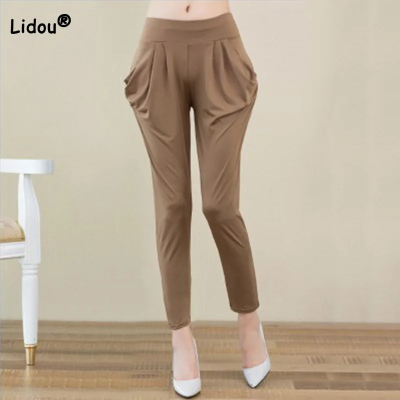 

One Size Summer Thin Women Nine Points Pants Milk Silk Pockets Solid Color Loose Casual High Waist Grey Harem Bottoming Trousers