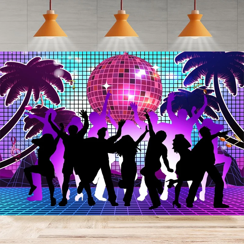 

Photography Backdrop Night Beach Disco Ball Palm Tree Music Back To 70s 80s Disco Background Home Party Backdrop Wall Banner