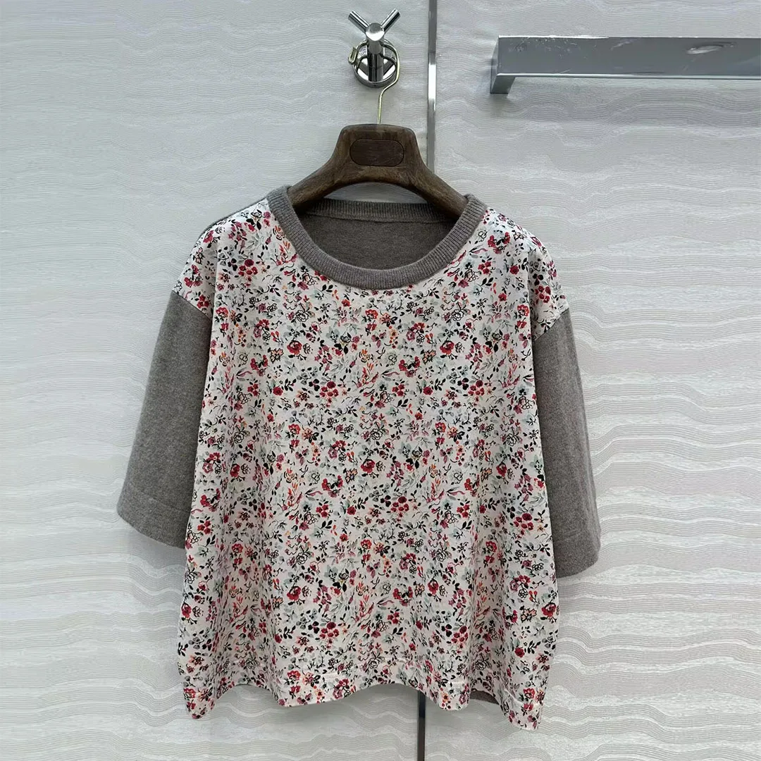 

Old Money Style Vintage Floral Print Patchwork Wool Cashmere Knitted T-shirt Women O-neck Short Sleeve Spring Summer Cute Tops