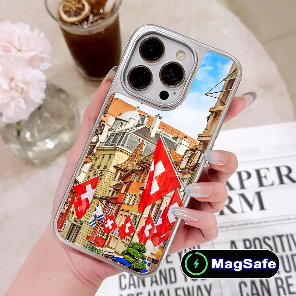

Чехол для телефона с флагом Швейцарии для iPhone 17 16 15 14 13 12 11 Air Pro Max Plus, с поддержкой MagSafe, серебристое покрытие, красочный, роскошный