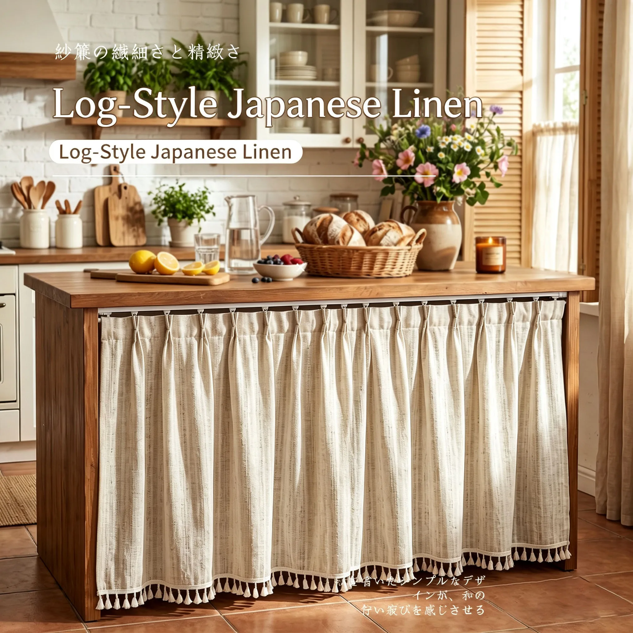**No Drill Japanese Style Linen Gauze Cabinet Curtain Open Wardrobe Dust Privacy Cover for Kitchen Pantry Closet