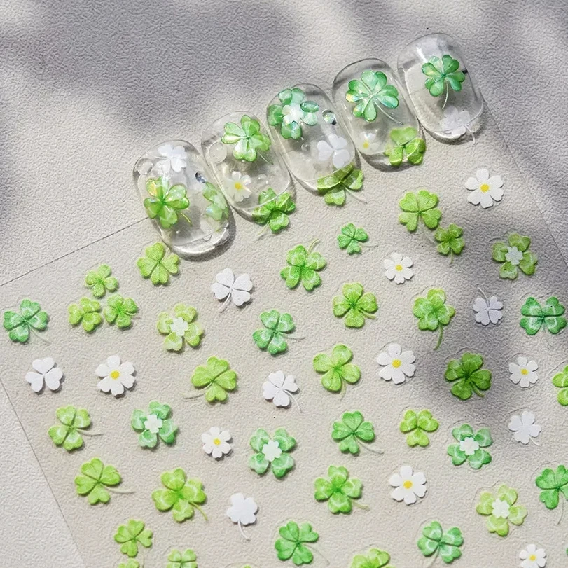 Fresh Green White Four Leaf Clover Maple Leaves Jelly Flower Daisy Shiny Rhinestone Nail Art Stickers Decoration Manicure Decals