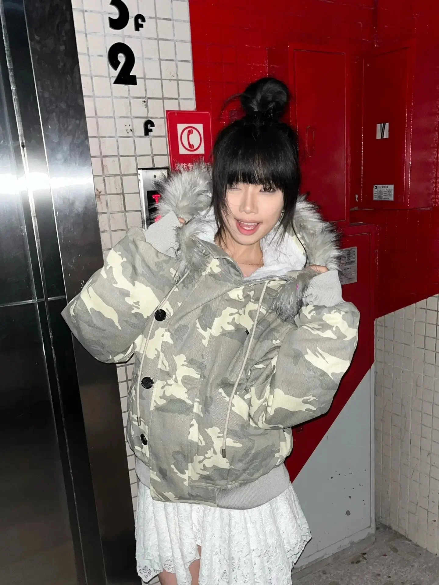 

Cleanfit Camouflage Cotton Jaet ort Thiened Winter Coat for Women with Fur Collar American Sle Youth ular Casual Wear