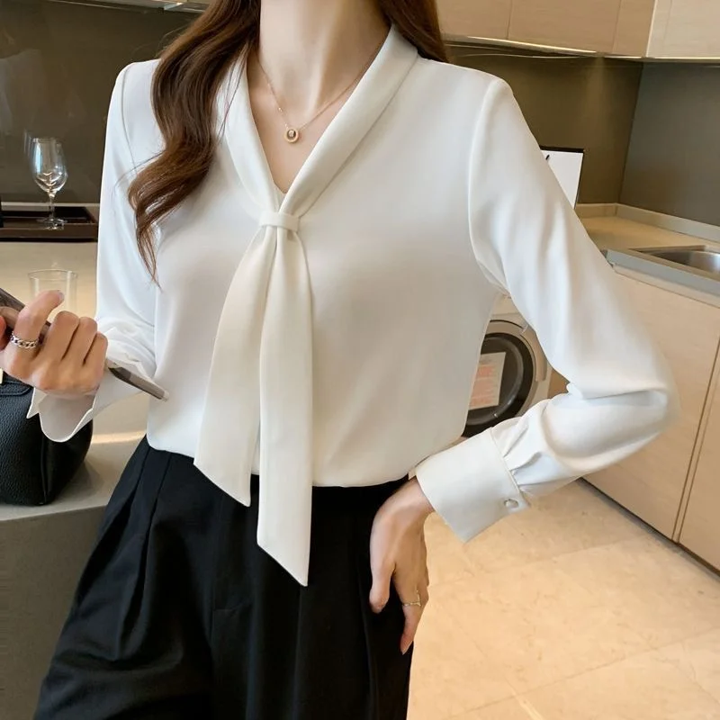 Women Spring Summer Style Blouses Shirts Lady Casual Long Sleeve Bow Tie Collar White Color Blouses Shirts DF4989