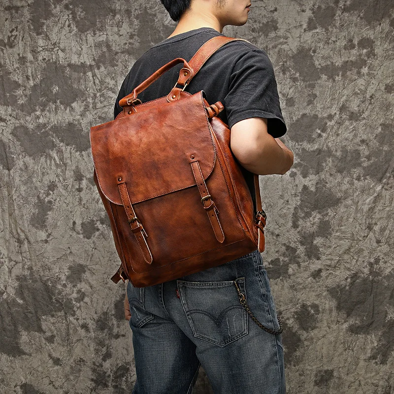 Genuine leather men's backpack vintage travel bag Business handbag large capacity bags Laptop backpack bag Student School Bag