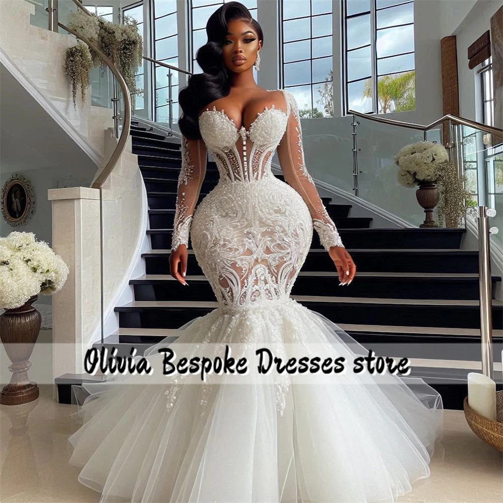 Dreamy Lace Appliques Luxury Wedding Dress 2024 Long Sleeves Tulle Aso Ebi Mermaid Engagement Gown African vestidos Customized