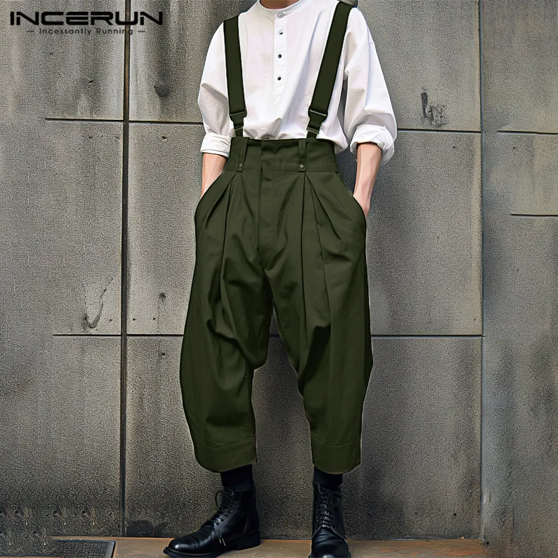 INCERUN 2024 Korean Style New Men's Overalls Solid Color Casual Jumpsuits Stylish Streetwear Male All-match Simple Rompers S-5XL