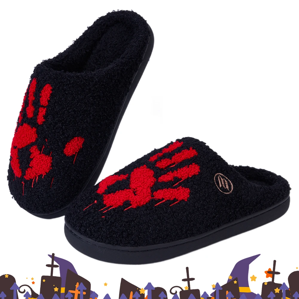 Halloween Palm Plush Slippers Warm Slip-on House Shoes Non-Slip Soft Furry Slipper Thermal Closed Toe Slippers for Autumn Winter