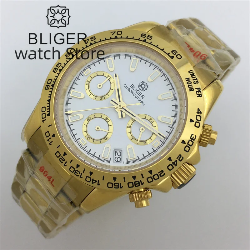 BLIGER Top Brand Men Quartz Watches Sapphire Glass Automatic Date Chronograph Japan VK63 Waterproof Watch Reloj Hombre