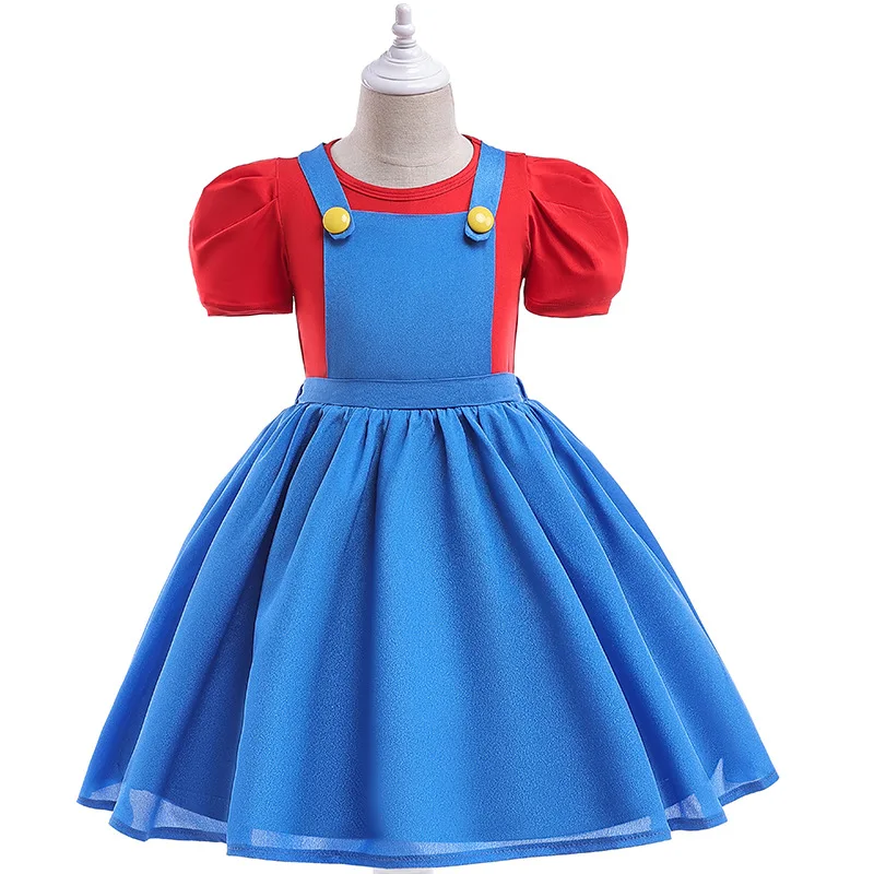 Child Cartoon Bros Causal Cosplay Suit Kids Anime Fantasy Short Sleeve Top+Dress With Hat Girl Halloween Birthday Party Costume