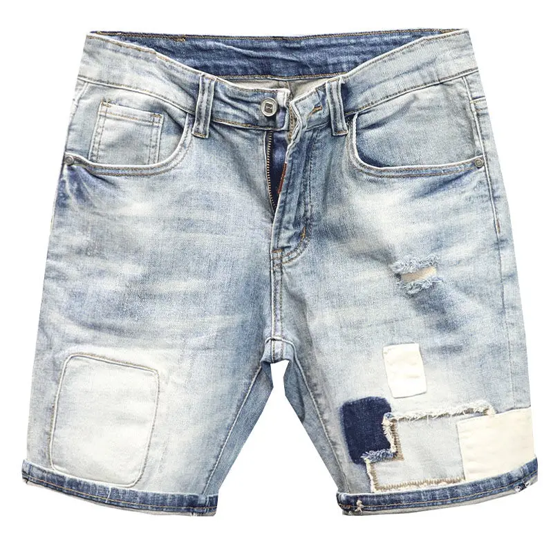 Summer Casual Denim Knee Length Jeans Shorts Men Solid Vintage Washed Cowboy Streetwear Patchwork Fashion Skinny Cropped Pants