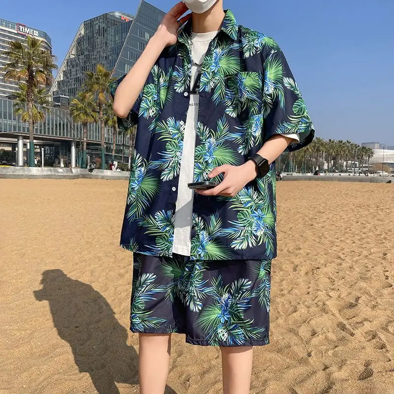 Travel Casual Men's Beach Pants Ice Silk Quick-drying Floral Shorts Seaside Resort Floral Shirt Hawaiian Suit