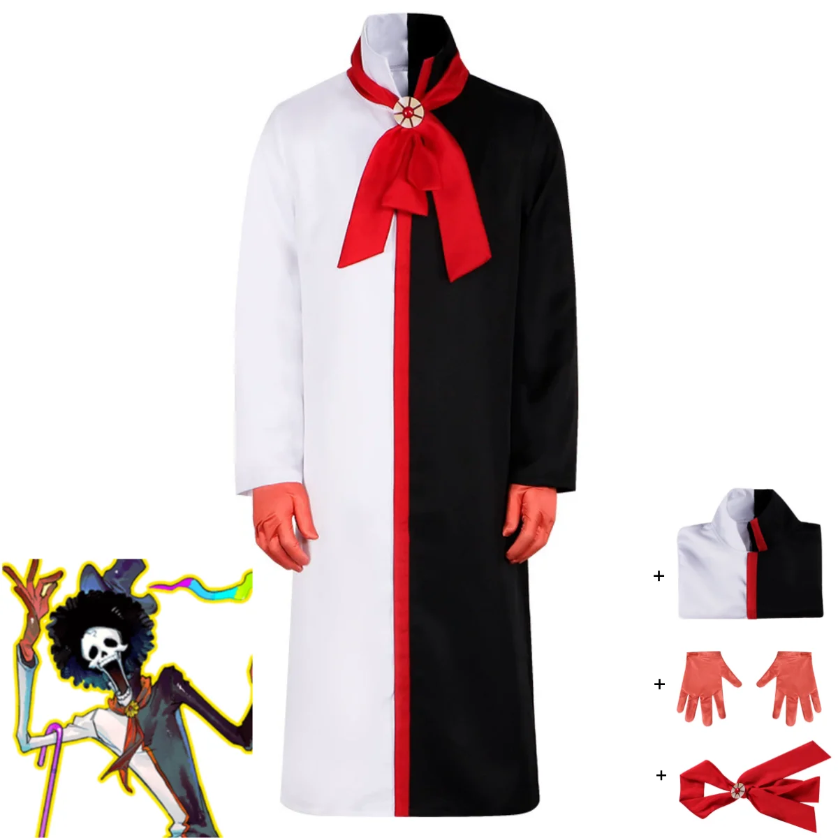 Anime Burukku Brook Cosplay Kostüm Revive-Revive Obst Schwarz Weiß Montage Robe Uniform Schal Erwachsene Mann Halloween Weihnachten Set