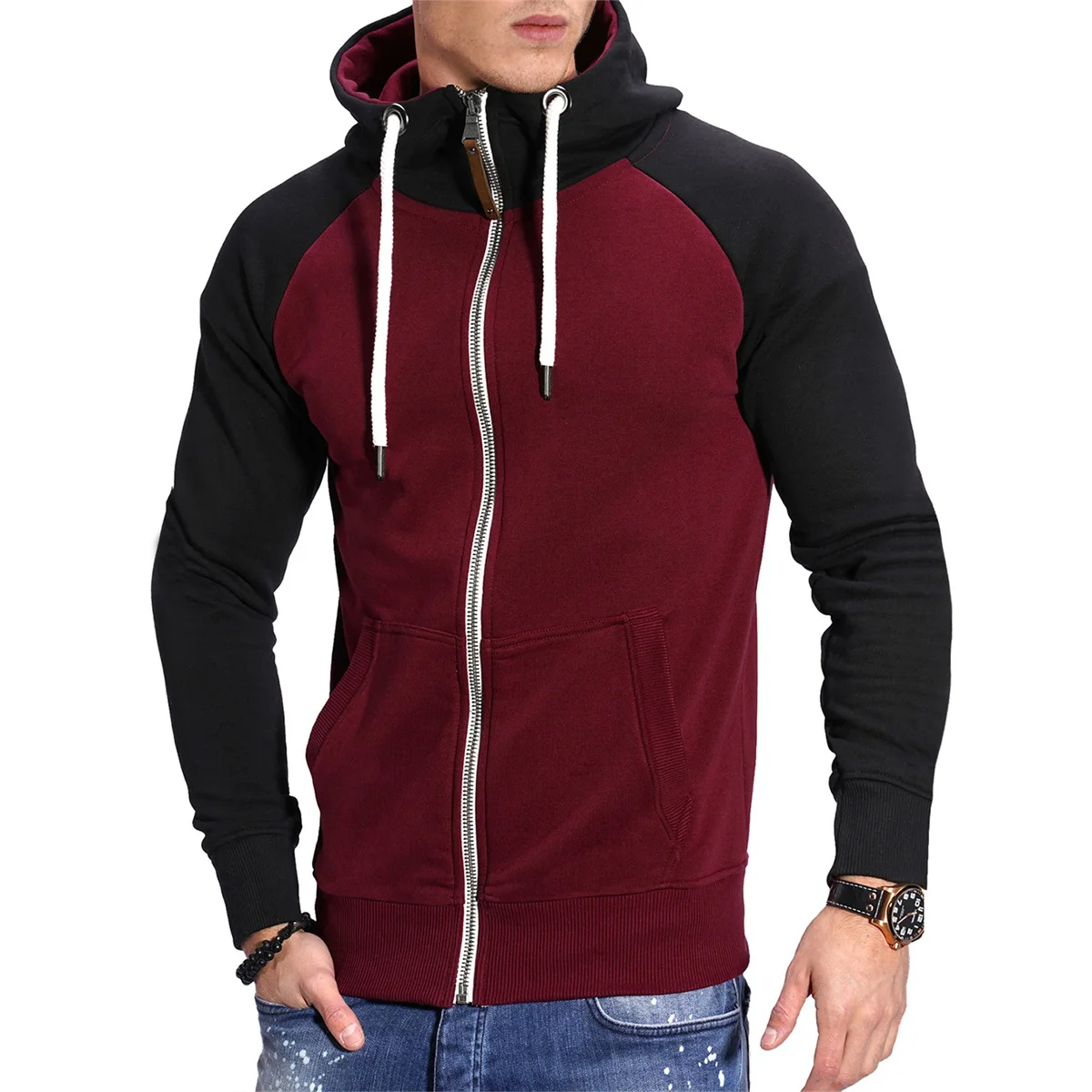 Winter mode Fitness Sport Herren lässig Spleiß farbe, Einsatz Schulter ärmel Kapuze verdickt Straight-Through Hoodie