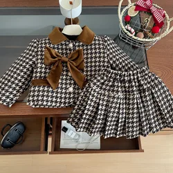 Winter Children Girl 2PCS Clothes Set Cotton Padded Bow Turn Down Collar Coat Houndstooth Thcken Pleated Skirts Baby Girl Outfit