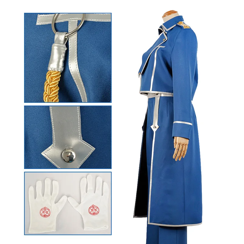 Roy Mustang Cosplay Anime Fullmetal Alchemist Kostium Mundurek Peruka Niebieski Wojenny Płaszcz Wojskowy dla Mężczyzn Strój na Halloween Karnawał