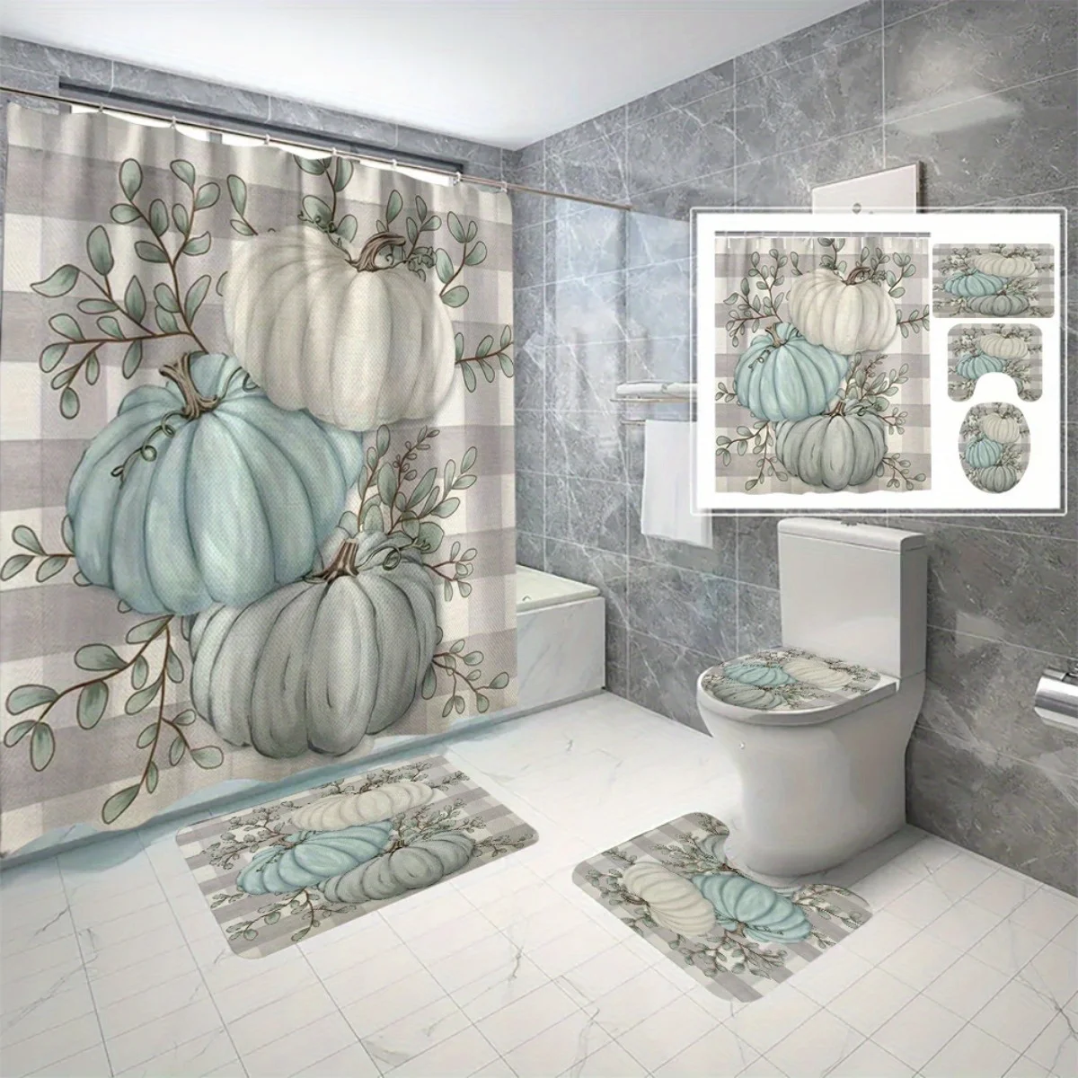 

4pc Fall Pumpkin Pattern Bathroom Set - Polyester Fabric Machine Washable Shower Curtain Toilet Seat Mat Floor Mat U-Shaped Mat