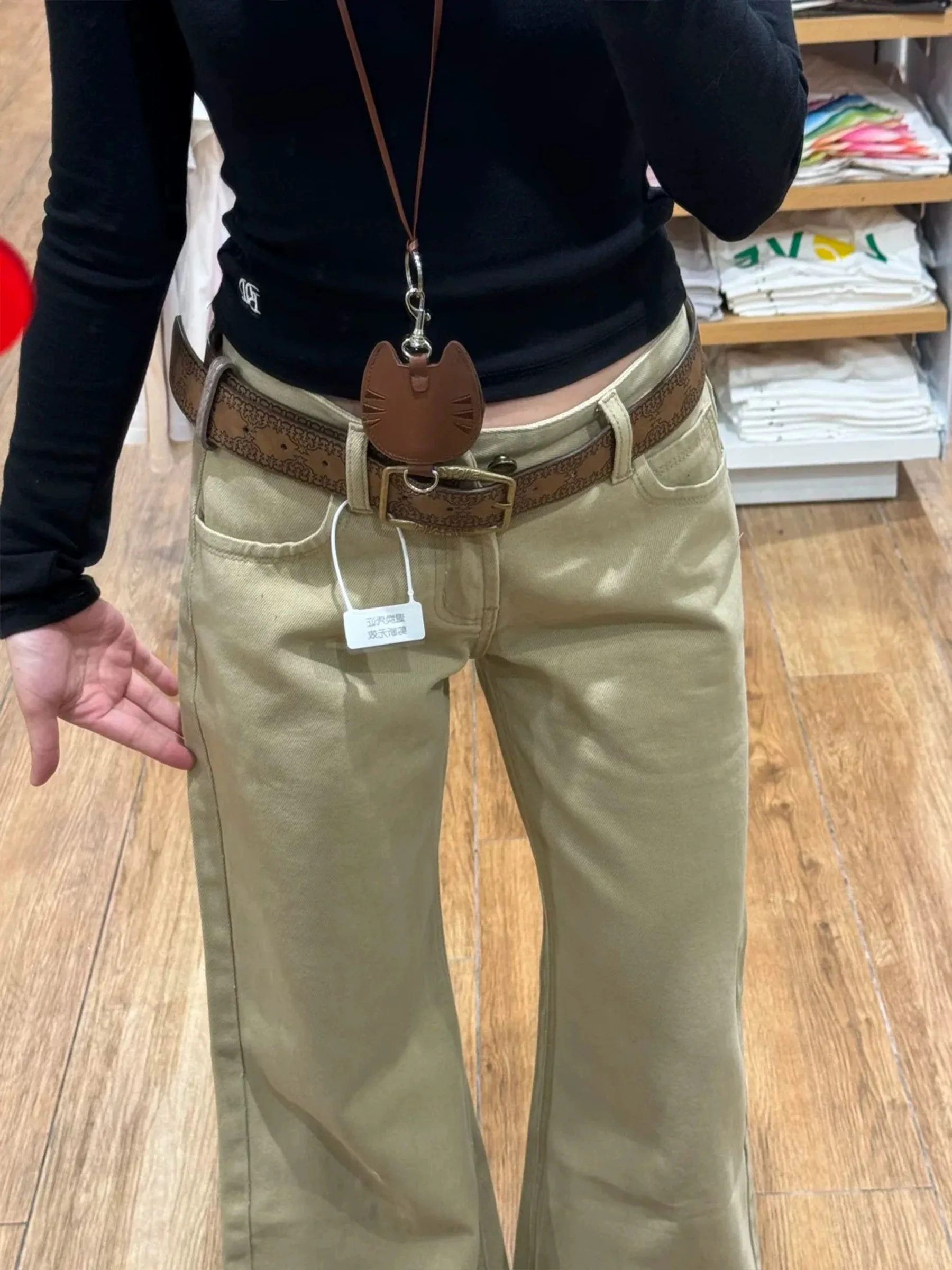 Pantalones de lana para mujer, color caqui, cintura baja, pierna ancha, sueltos, rectos, ligeros acampanados, engrosados, para invierno