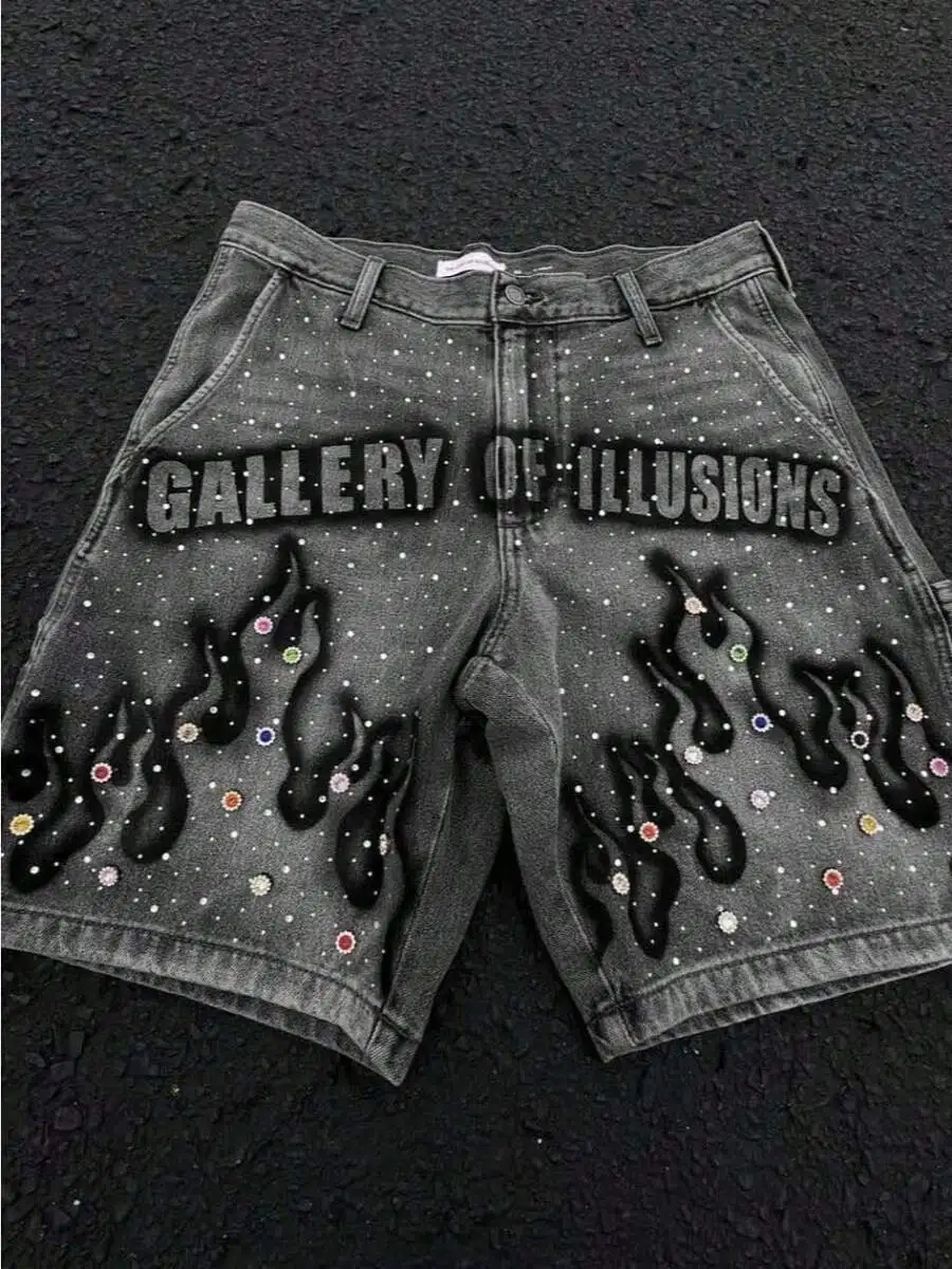 

Mens Washed Gray Denim Shorts With Paint Splatter And Rhinestone Embellishment