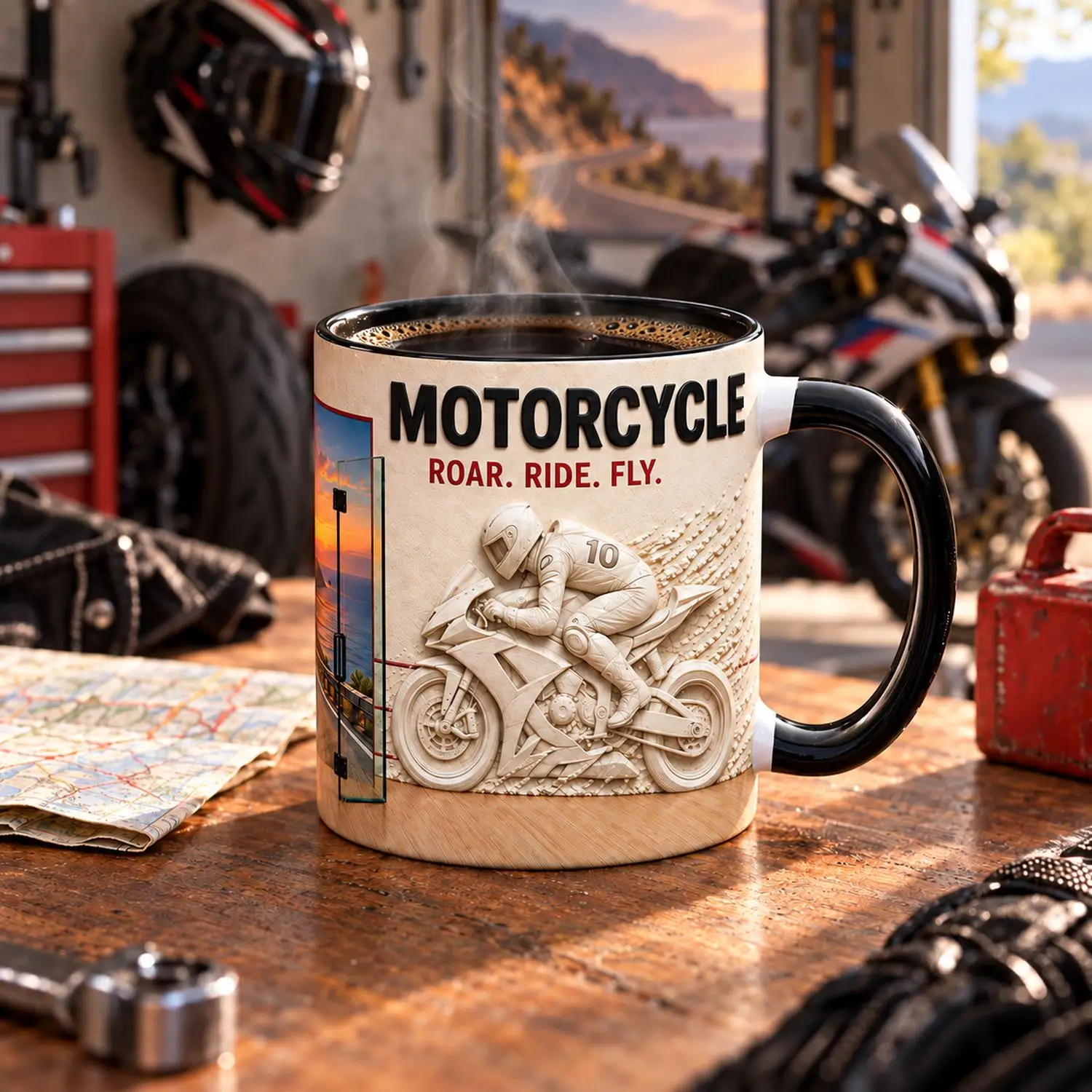 Custom Motorcycle Coffee Mug 11oz Ceramic Cup 325ml, Motorbike Rider Print, Roar Ride Fly Slogan, Add Your Name, Gift for Bikers