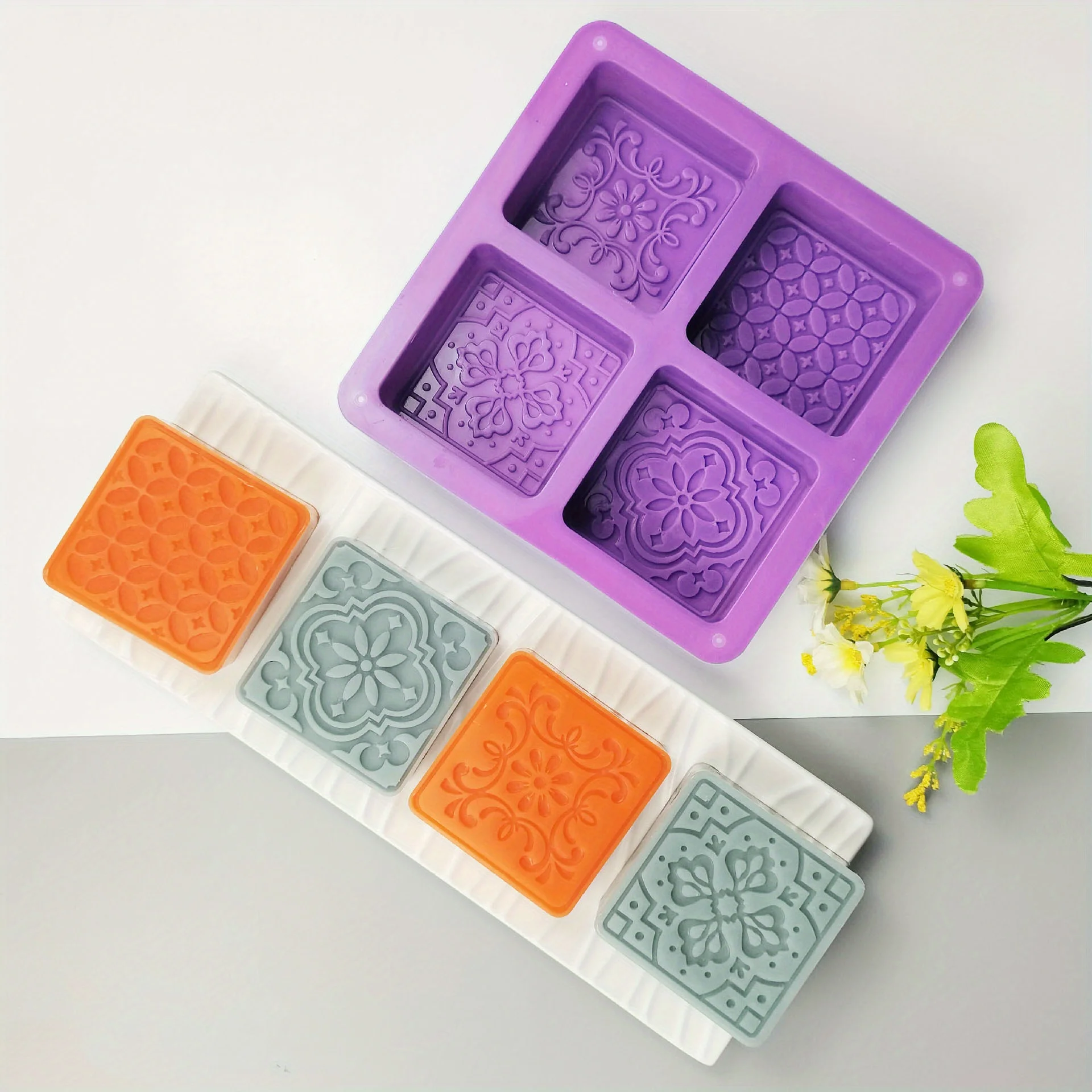 4-Cavity Square Soap Mold with Floral Designs - Silicone Soap Making Molds for DIY Projects