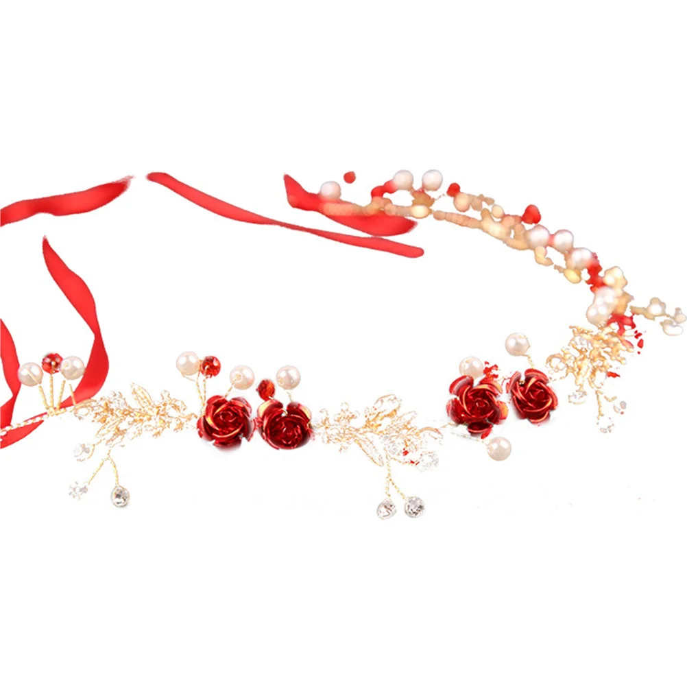 

Pearl Embellished Red Flower Headband Stylish Bride Hair Piece for Wedding Ceremony Reception Banquet Celebration Wear