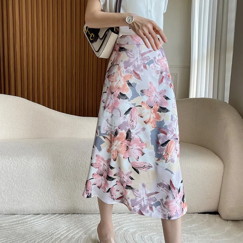 Zijde Acetaat Satijn Hoge Taille Afslanken Asymmetrische Fi Staart f Rok vrouwen Zomer Faion Pendelen Koreaanse Sle Lange Rok