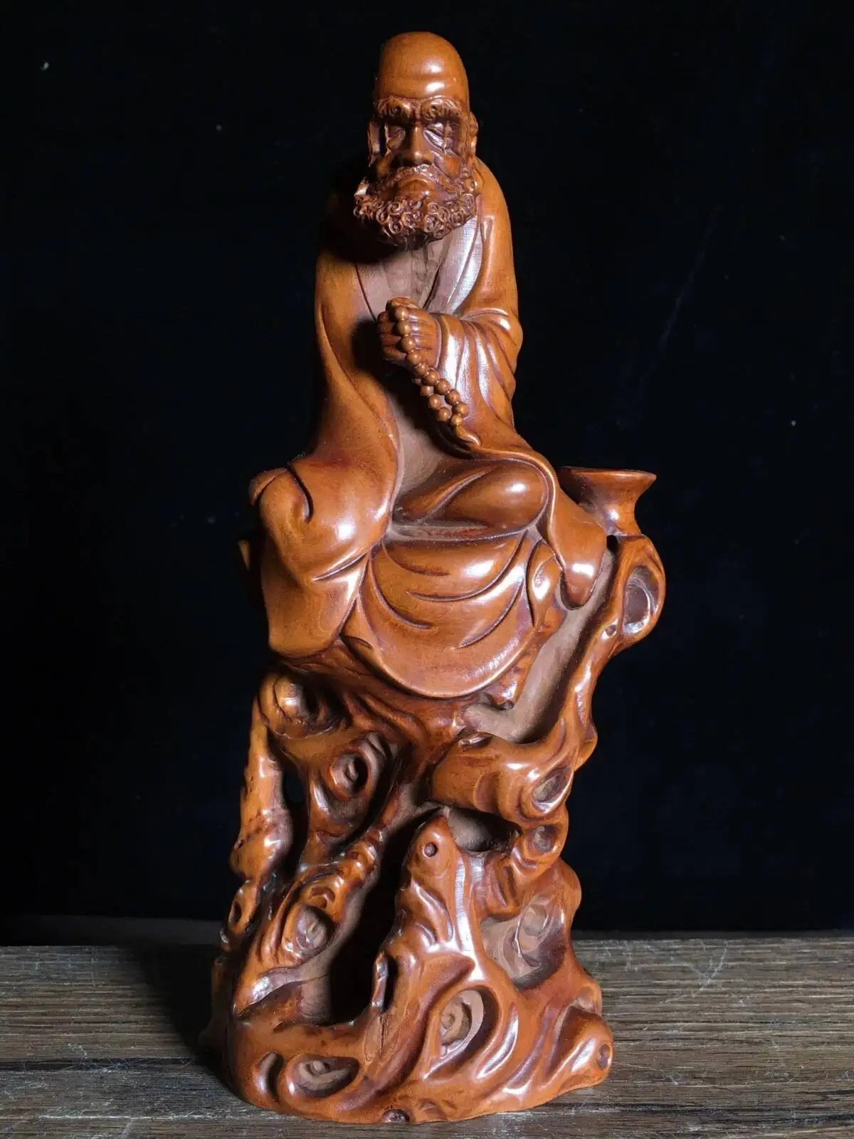 Collect Old Chinese Boxwood Hand Carven Bodhidharma Backflow Incense Decoration