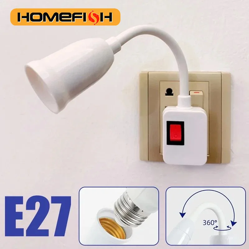 E27 Direct Plug in Swivel Head E27 Socket Bulb Holder with Switch EU Plug LED Table Lamp Stainless Steel Hose Steering Lever