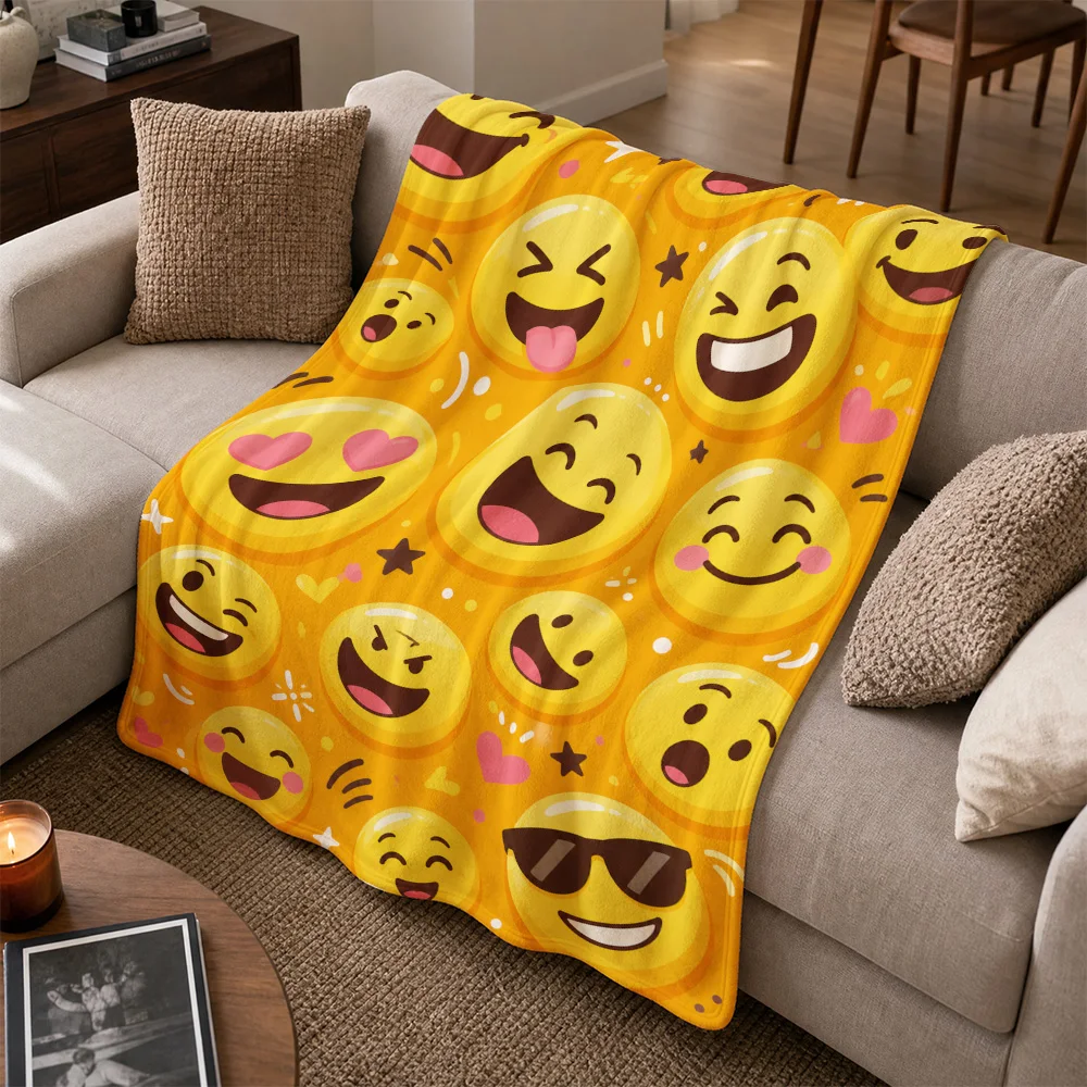 Vibrant Yellow Smiley Face Emoji Pattern Throw Blanket for Sofa Couch Home Decor Cute Happy Funny Cozy Gift Accent