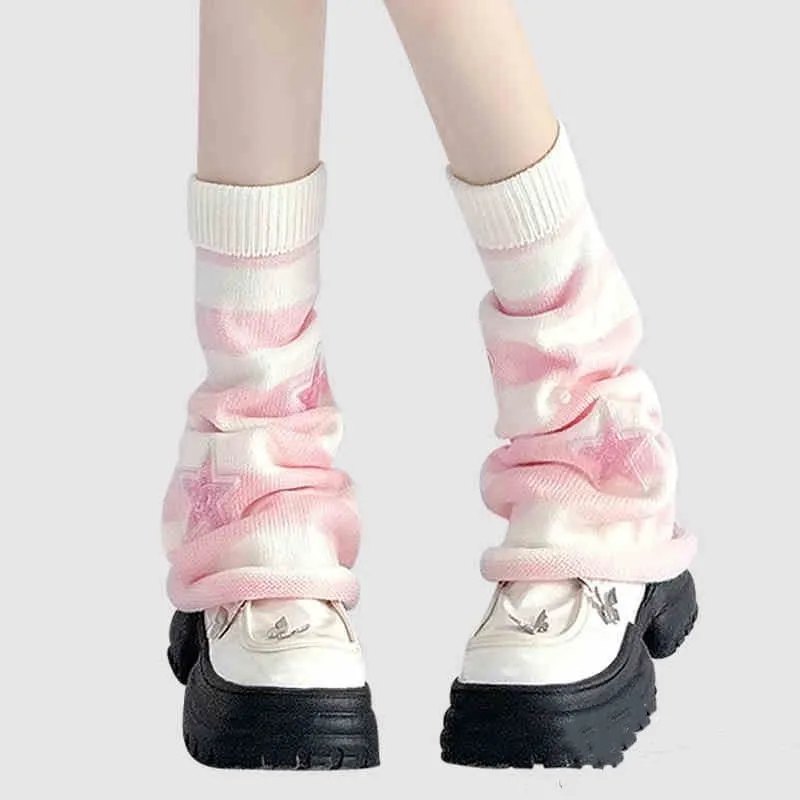 Boot Sock Slouchy - Y2K Striped Leg Warmers Star Rhinestone