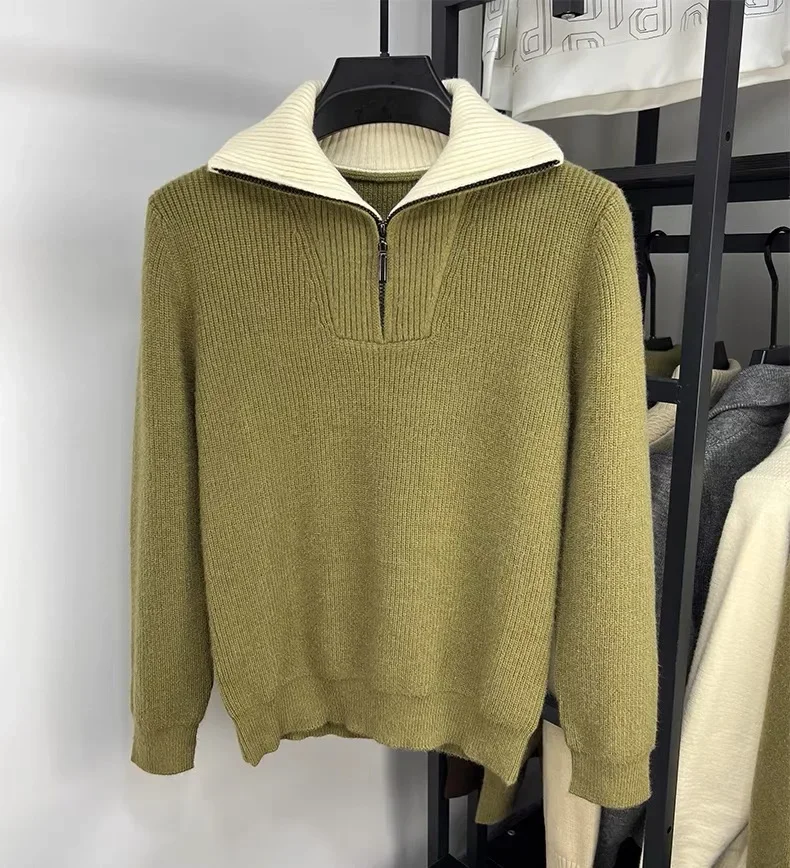 High-End-Marken-Trend-Männer-Pullover mit halbem Reißverschluss 2024, Herbst und Winter, neue lässige Mode, verdickter einfarbiger Strickpullover mit Stehkragen – Detail 19