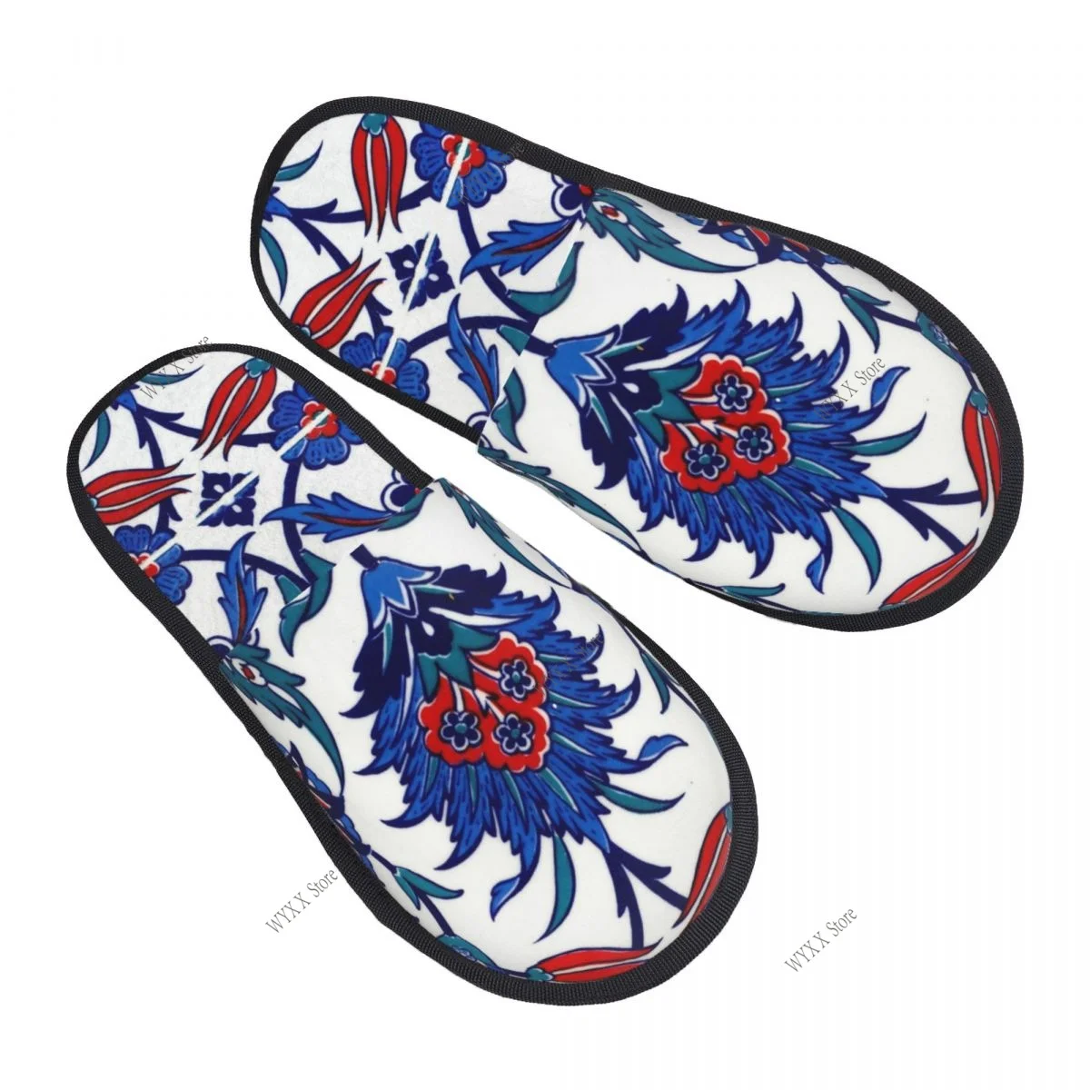 Baroque Blue Flower Home Slippers Winter Warm Plush Slippers For Winter Soft