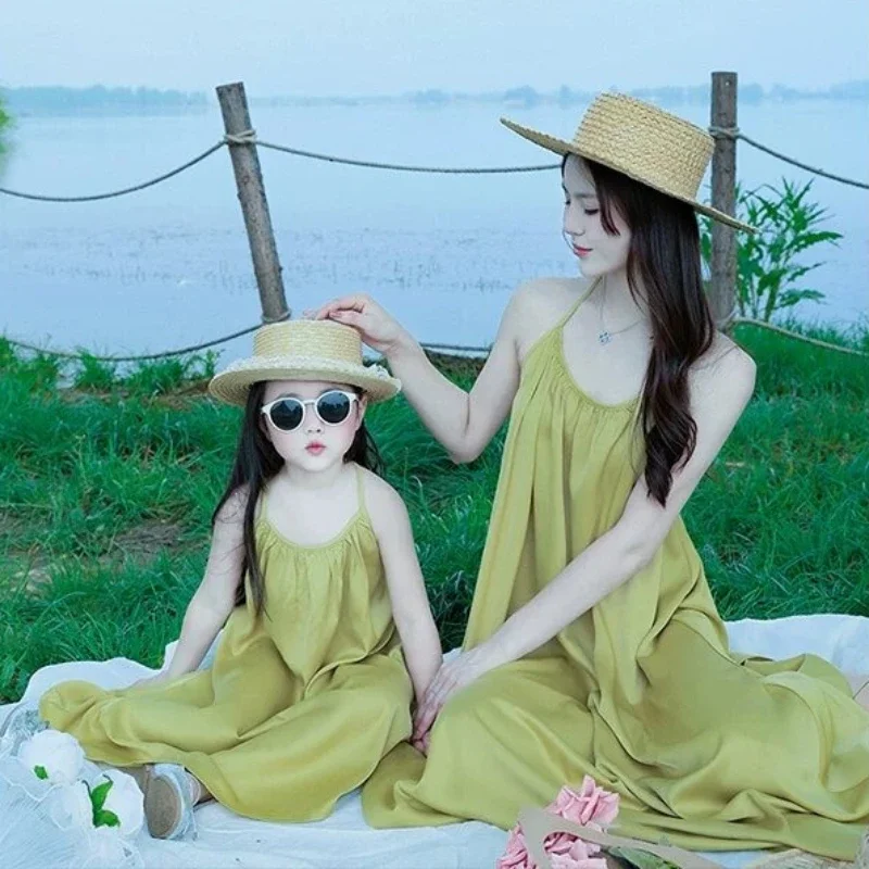 Mommy and Me Matching Lime Green Halter Neck Backless Maxi Dress Set Loose Beach Vacation Family Outfit for Mom and Daughter