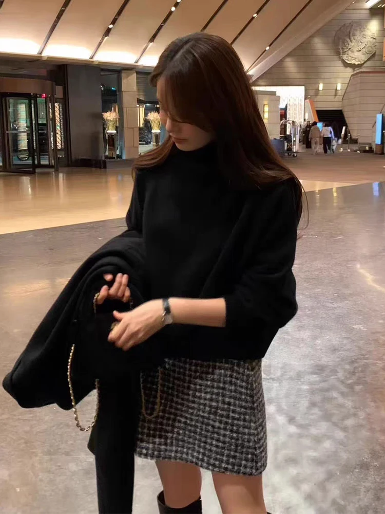 

Ladies High Waist A-Line Skirt Woolen Tweed Plaid Commute Sle Layered Skirts Busin Casual Chinese Brand