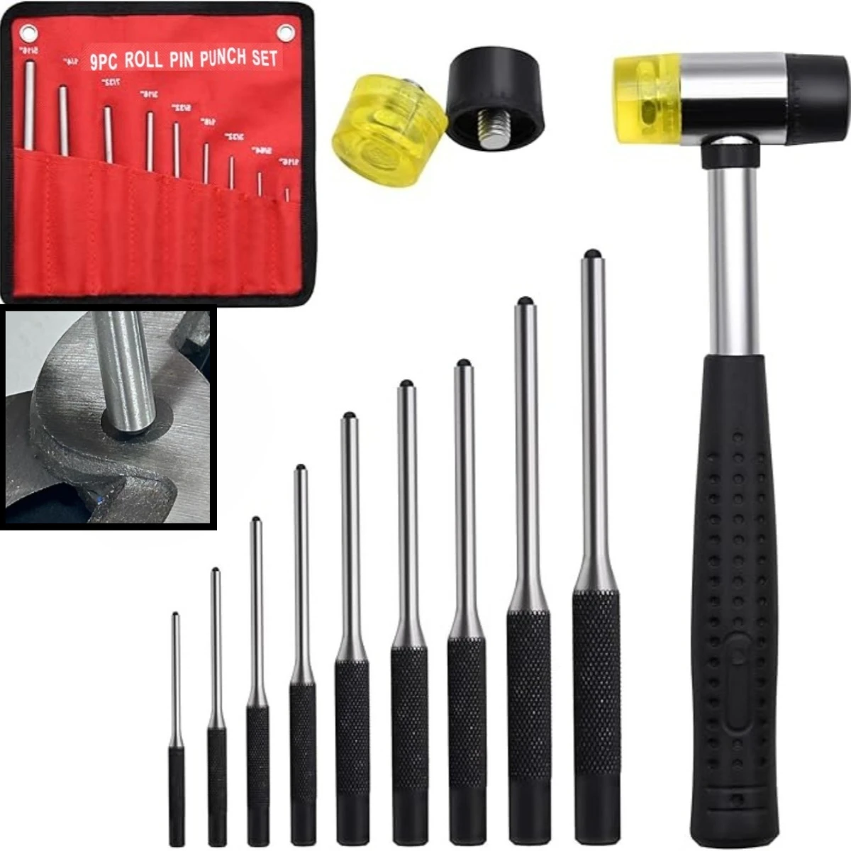 9pcs Pin Punch Set Removing Repair Tools Steel Round Head Grip Roll Kit Professional Hollow End Starter Punch Chisel Tools