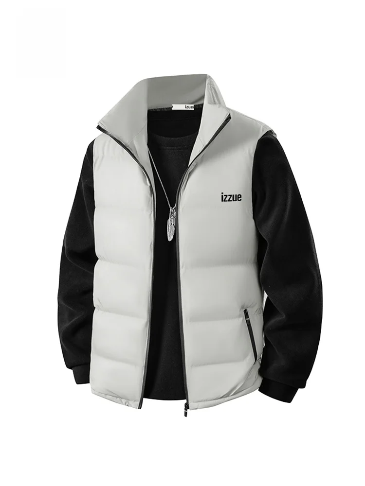 

Мужской пуховый жилет Izzue: осенне-зимний, теплый, с воротником-стойкой, приталенный, черный, молодежный, модный, из полиэфирного волокна, утолщенный, на молнии