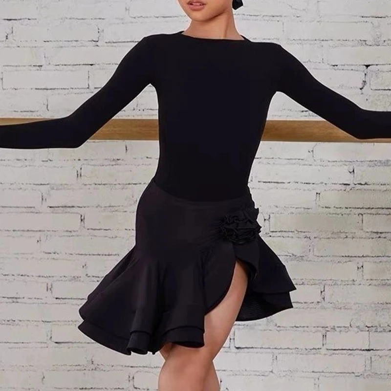 Ensemble de 2 pièces Costume de danse latine noir justaucorps de danse dos nu et jupe latine-pour 140-180 cm filles/femmes Rumba Samba danse latine