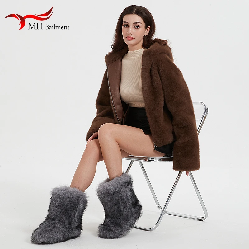 Botas fofas de pele de raposa para mulheres, sapatos luxuosos de neve quente, novas plataformas de moda, tamanho grande 36-44, inverno