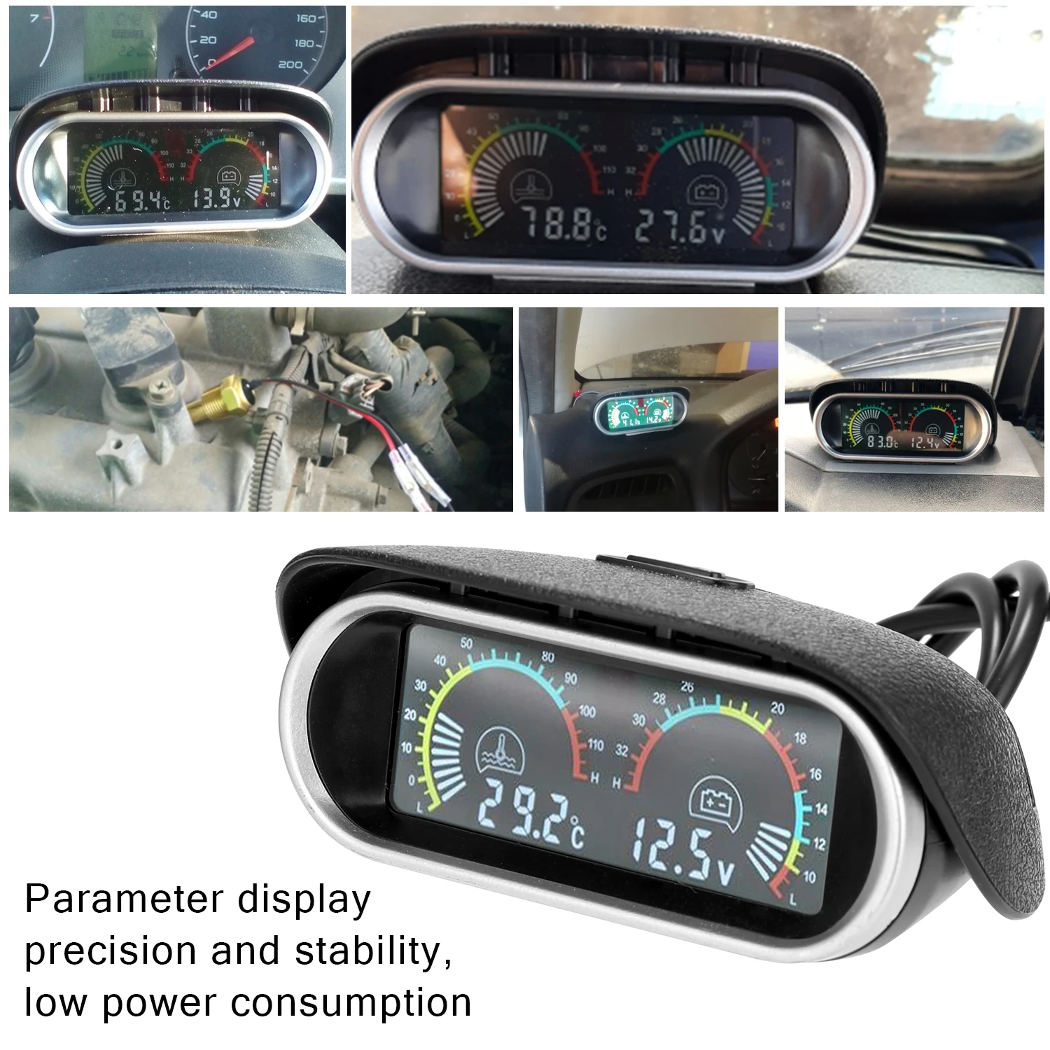2 في 1 مقياس LCD السائل الكريستال سيارة الرقمية مقياس أفقي درجة حرارة الماء والجهد مقياس رقمي #4
