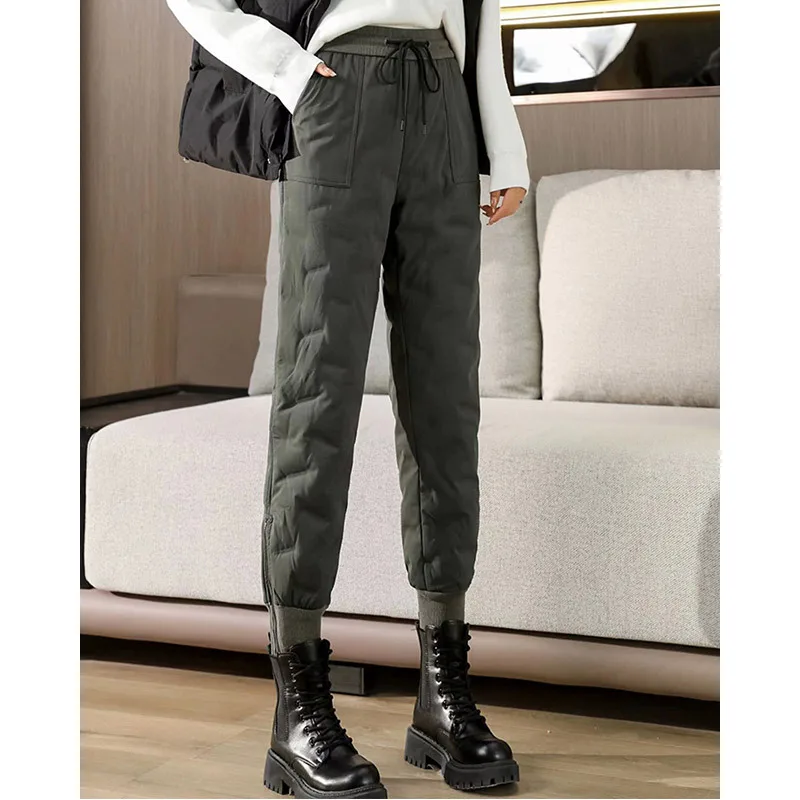 Ladies Winter Thick Quilted Padded Pants Elastic Waist Joggers Ankle Zipper Windproof Warm Casual Thermal Trousers For Women