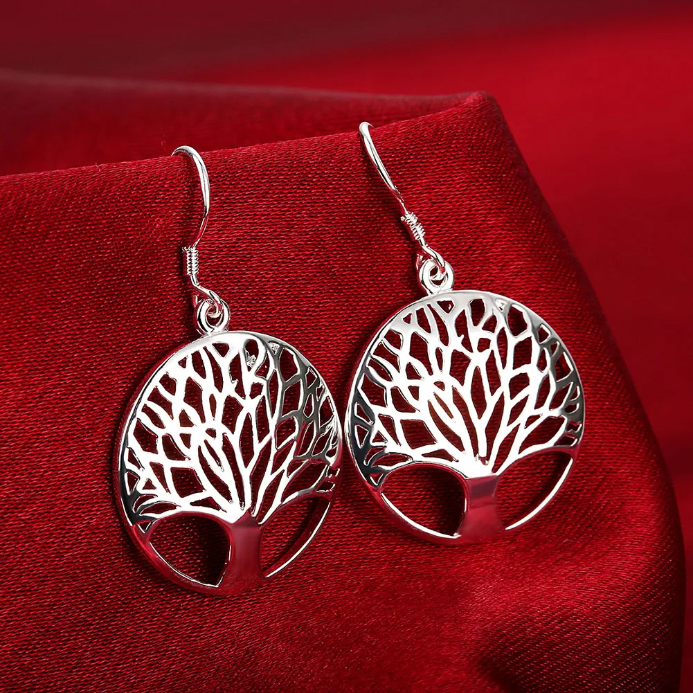 

New 925 Sterling Silver Drop Earrings For Women High Quality Jewelry Hollow Carved Round Tree Christmas Gifts