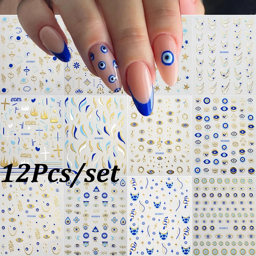 

12 sheet Bronzing Blue Devil Eyes Nail Art Sticker 3D Metallic Abstract Line Evil Eye Star Design Nail Slider Halloween Nail Dec