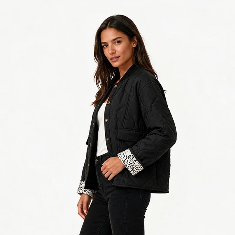 Women Leopard Lining Cropped Cotton Coat Round Collar Button Closure Side Pockets Quilted Vintage Outerwear Ladies Warm Jacket