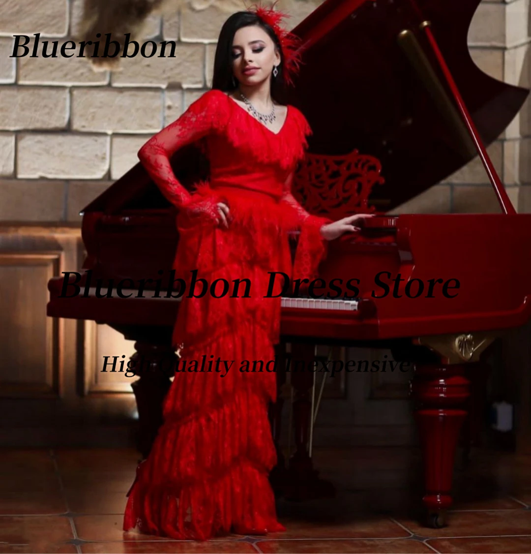 Blueribbon robes de bal col en V manches longues فسات arsaliات 2008 robes de soirée à plusieurs niveaux personnalisées