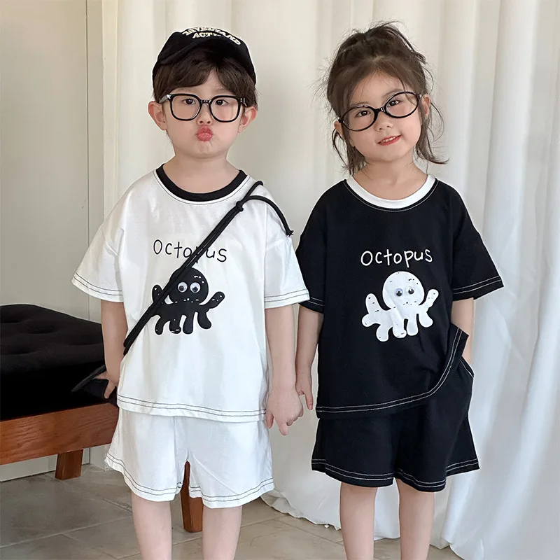 Summer Kid's Clothes Set Cartoon Octopus Children's Sports Suit Short Sleeve T-shirt Shorts 2Pcs Boys Girls Cotton Loose Outfit