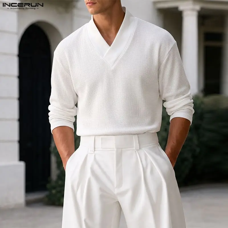 INCERUN Men's Pullovers Patchwork V Neck Long Sleeve Knitted Male Sweaters Streetwear Spring Autumn Fashion Leisure Men Clothes