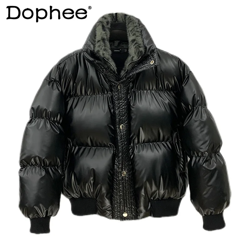 

Men's 2024 Winter Warm Trendy Leopard Print Splicing Faux Two-piece Cotton-padded Coats Men's Trend Thickened Short Bread Jacket